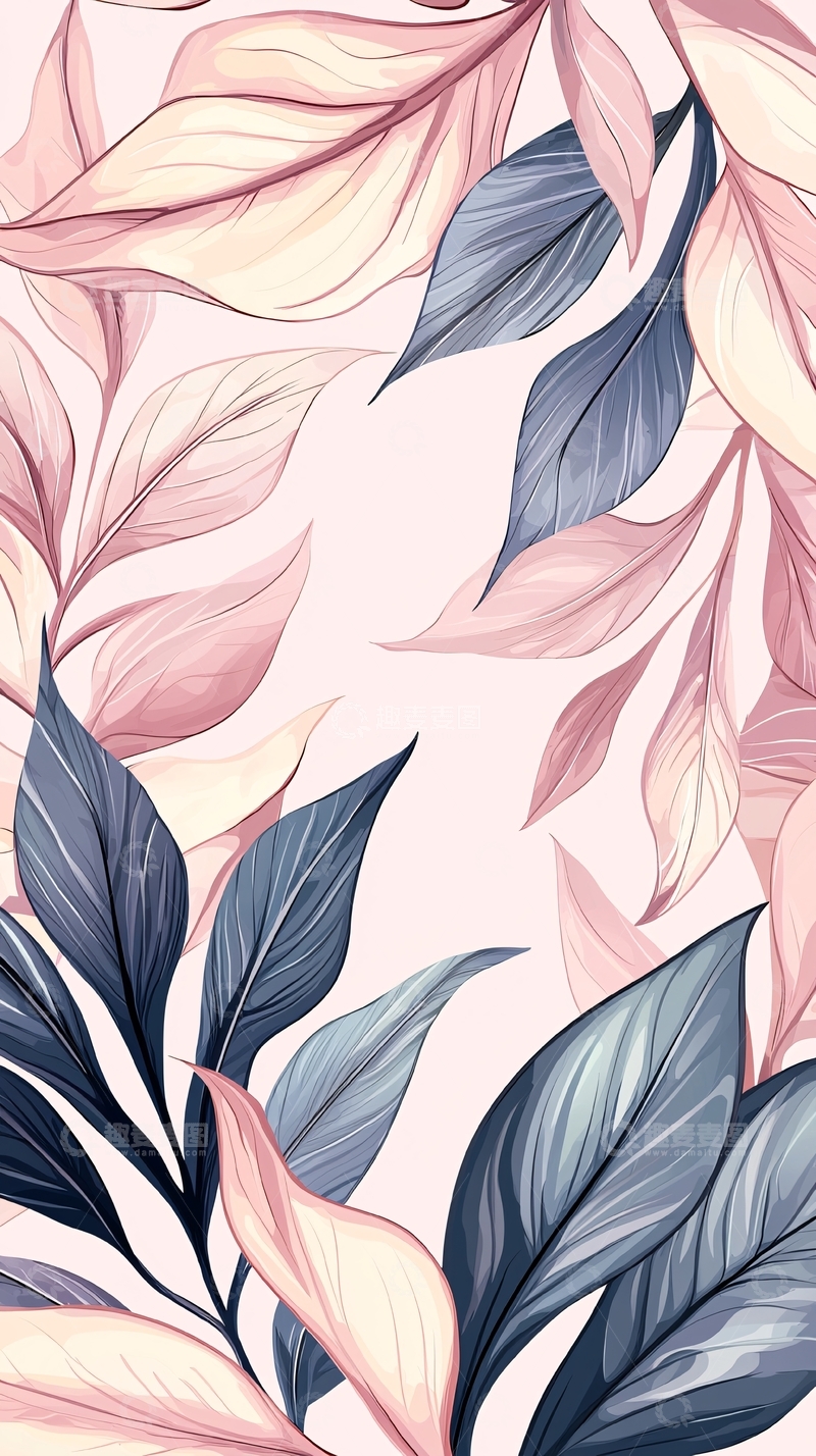 高清大图下载【趣麦麦图】粉色蓝色叶子背景图案