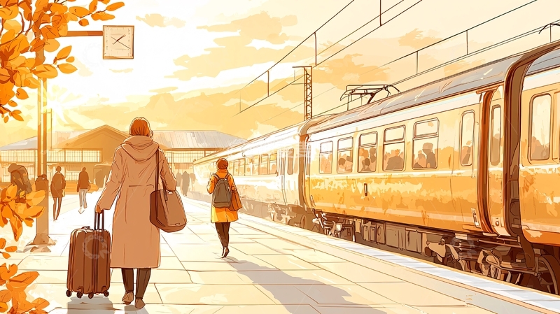 高清大图下载【趣麦麦图】秋日火车站站台等待列车