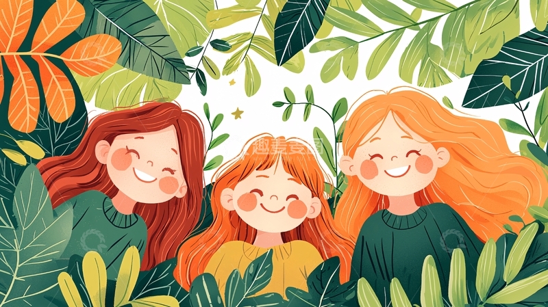 高清大图下载【趣麦麦图】三个女孩在热带植物中微笑