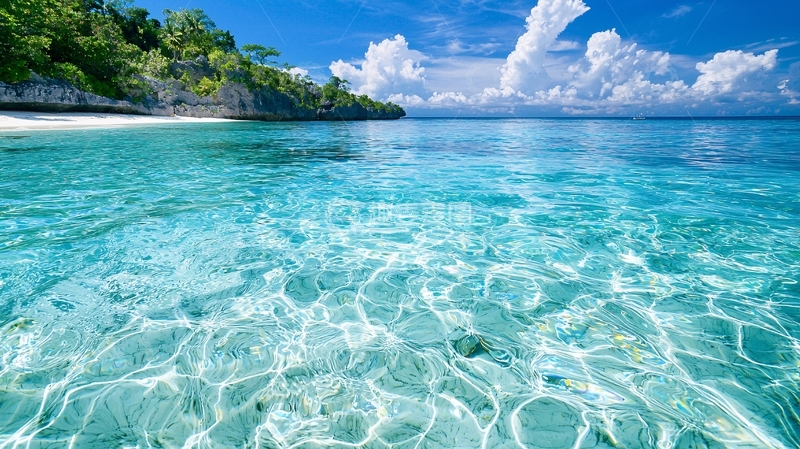 高清大图下载【趣麦麦图】清澈海水与蓝天白云海滩风光