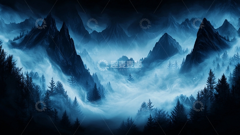 高清大图下载【趣麦麦图】幽蓝山雾森林