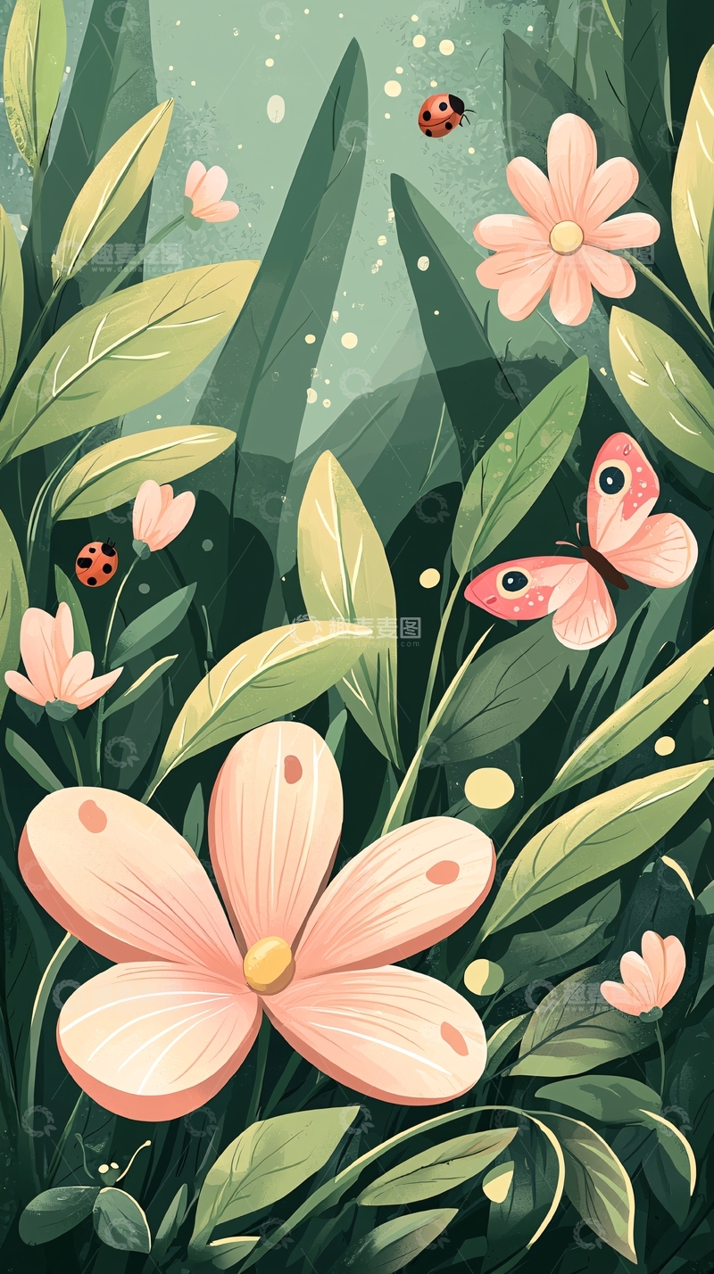 高清大图下载【趣麦麦图】粉色花朵与昆虫的自然场景