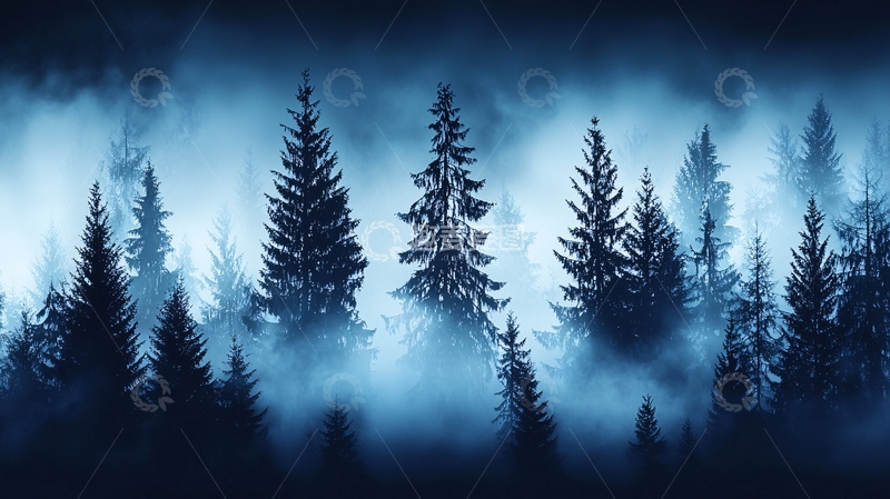 高清大图下载【趣麦麦图】雾中森林剪影