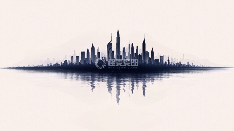 高清大图下载【趣麦麦图】未来城市剪影与水面倒影