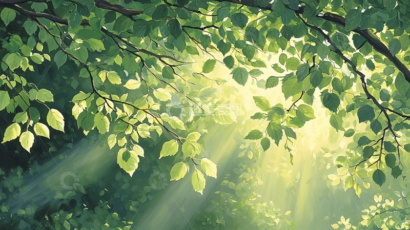 高清大图下载【趣麦麦图】阳光透过树叶的森林场景