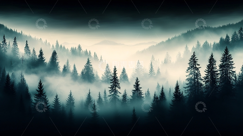 高清大图下载【趣麦麦图】雾中森林高清图片