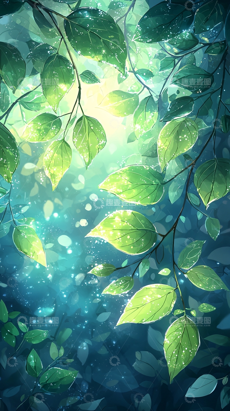 高清大图下载【趣麦麦图】梦幻森林光影树叶背景图