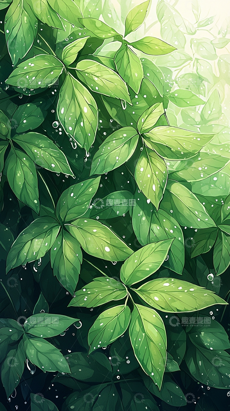 高清大图下载【趣麦麦图】清新雨后绿叶背景图