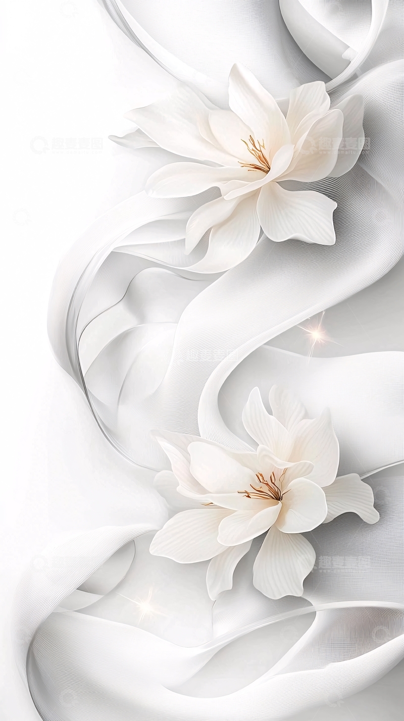 高清大图下载【趣麦麦图】白色丝带与花朵的艺术插画