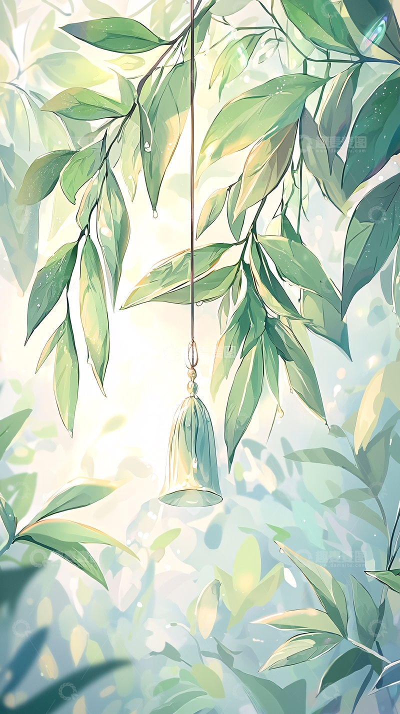高清大图下载【趣麦麦图】绿叶下的玻璃风铃
