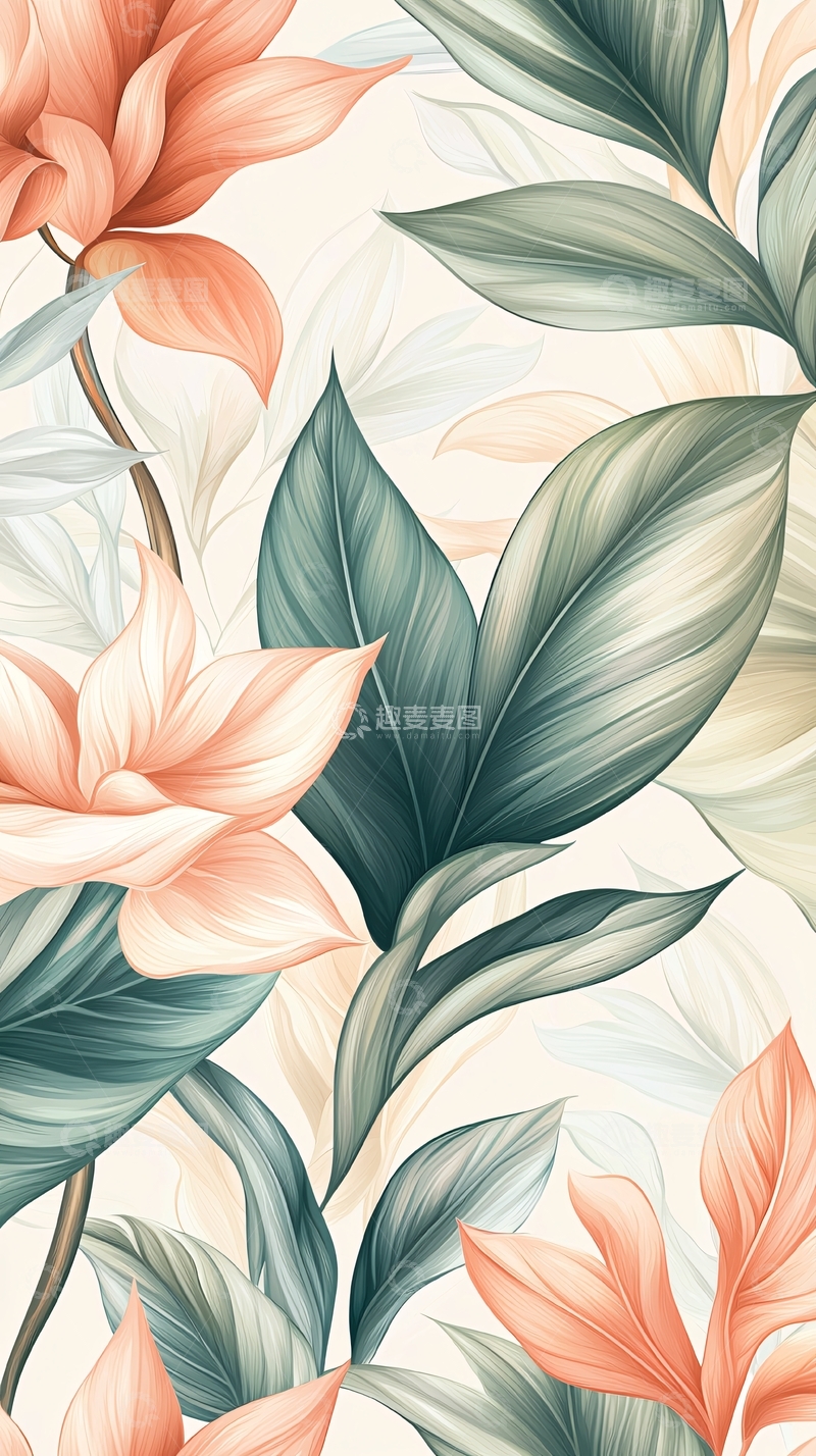 高清大图下载【趣麦麦图】热带花卉与叶子图案背景