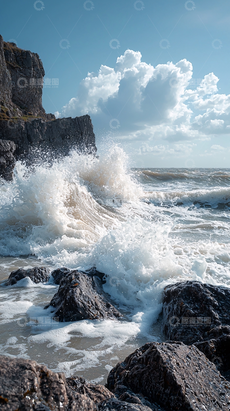 高清大图下载【趣麦麦图】海浪拍打岩石的动态场景