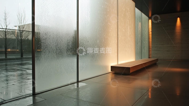 高清大图下载【趣麦麦图】现代玻璃墙与木质长椅的室内场景