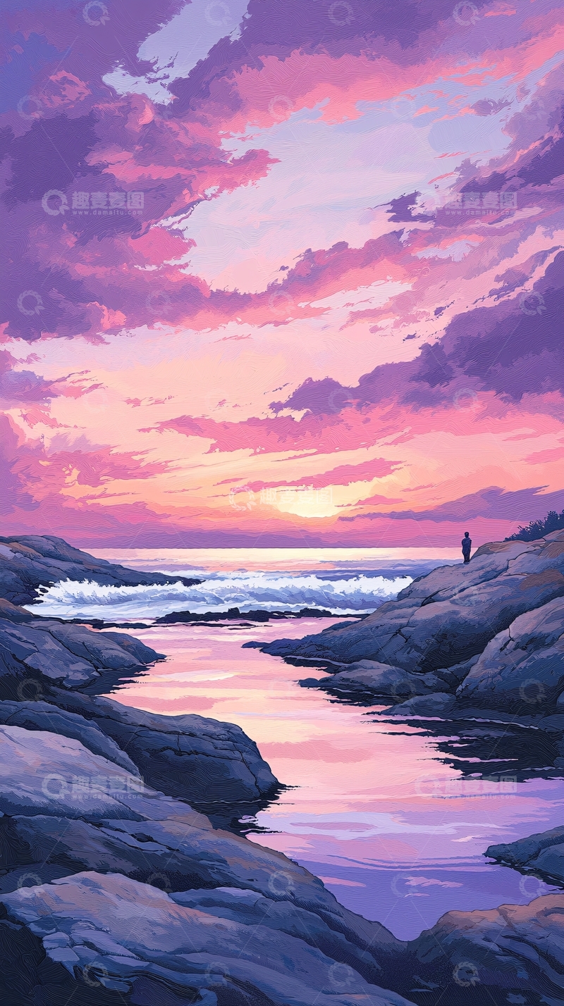 高清大图下载【趣麦麦图】日落海边岩石风景