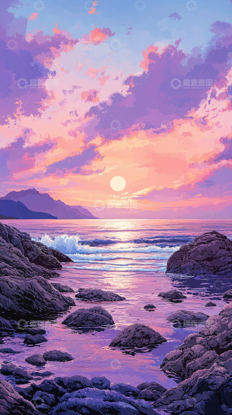 高清大图下载【趣麦麦图】日落海滩岩石风景