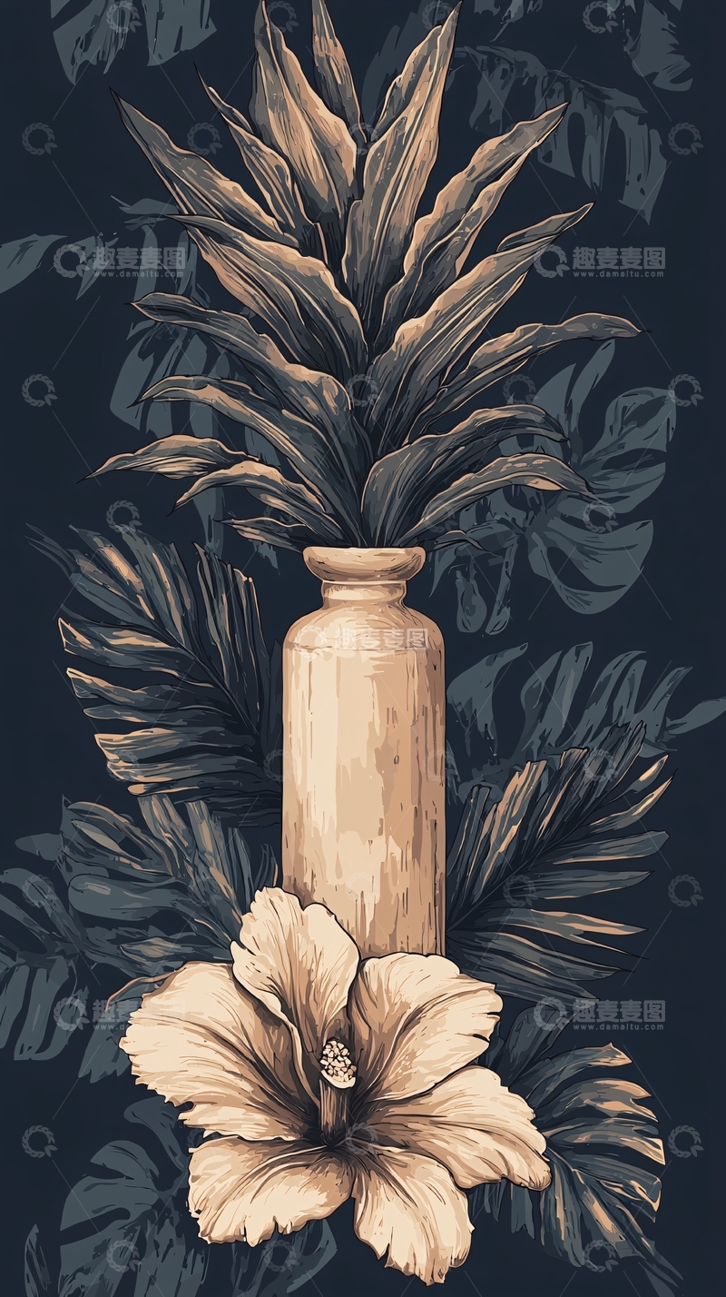 高清大图下载【趣麦麦图】热带植物与花瓶插画