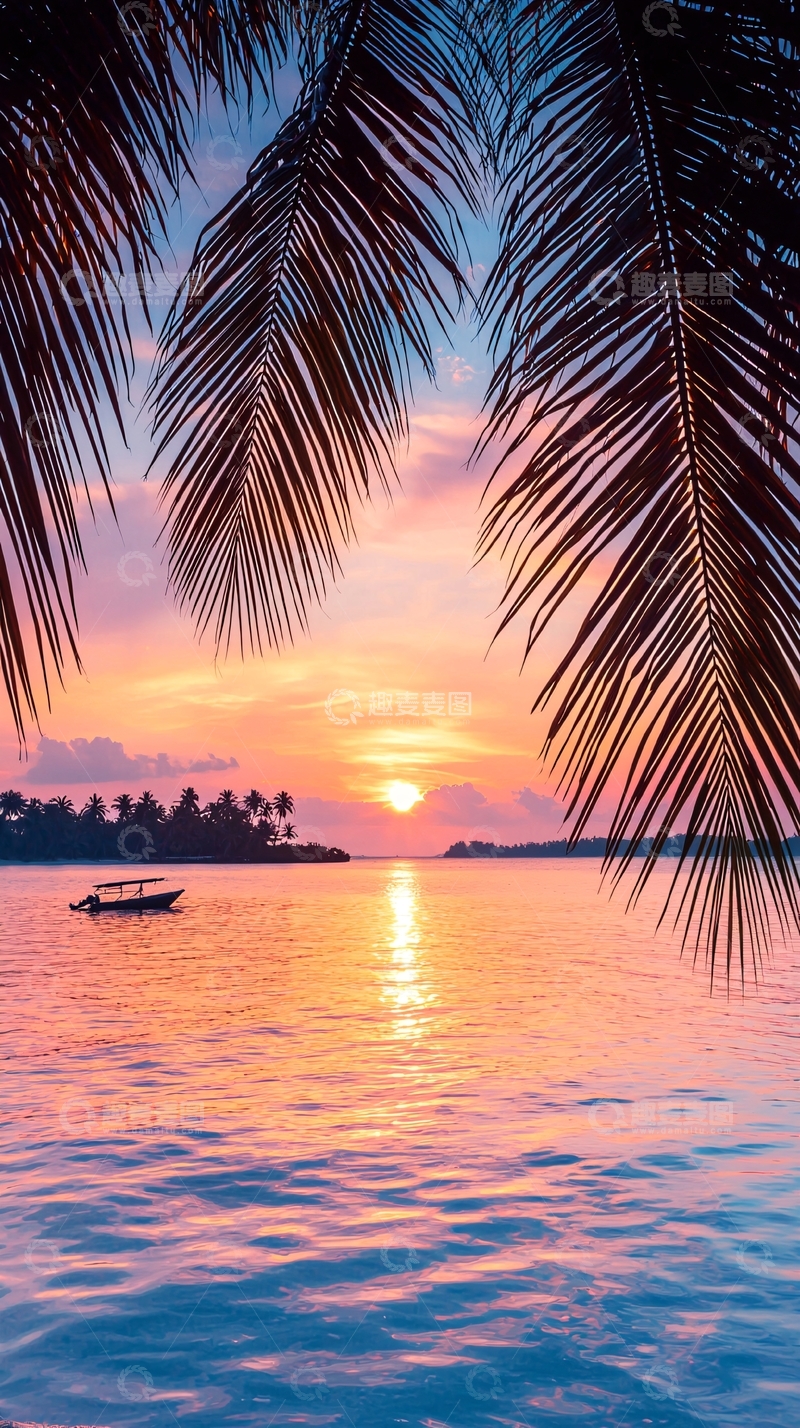 高清大图下载【趣麦麦图】日落海滩椰树下的宁静时刻