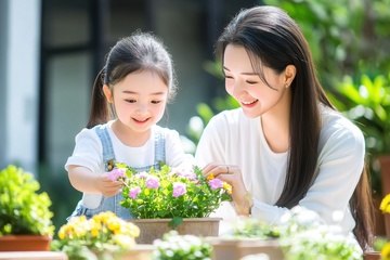 母亲和女儿一起赏花