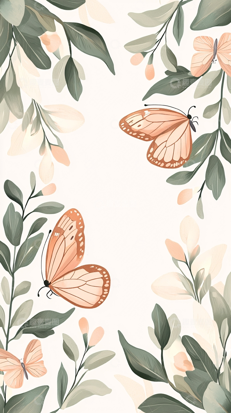 高清大图下载【趣麦麦图】蝴蝶与绿叶背景插画