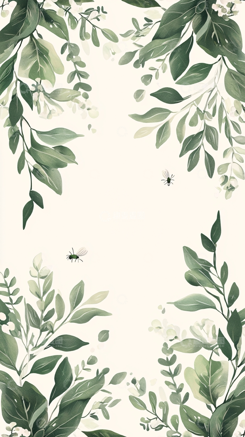 高清大图下载【趣麦麦图】绿色植物与昆虫插画背景