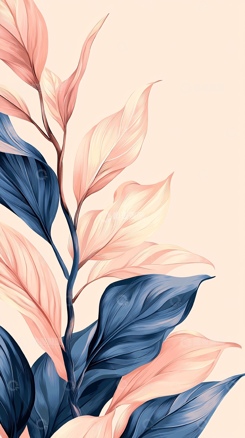 高清大图下载【趣麦麦图】粉色蓝色叶子植物插画背景
