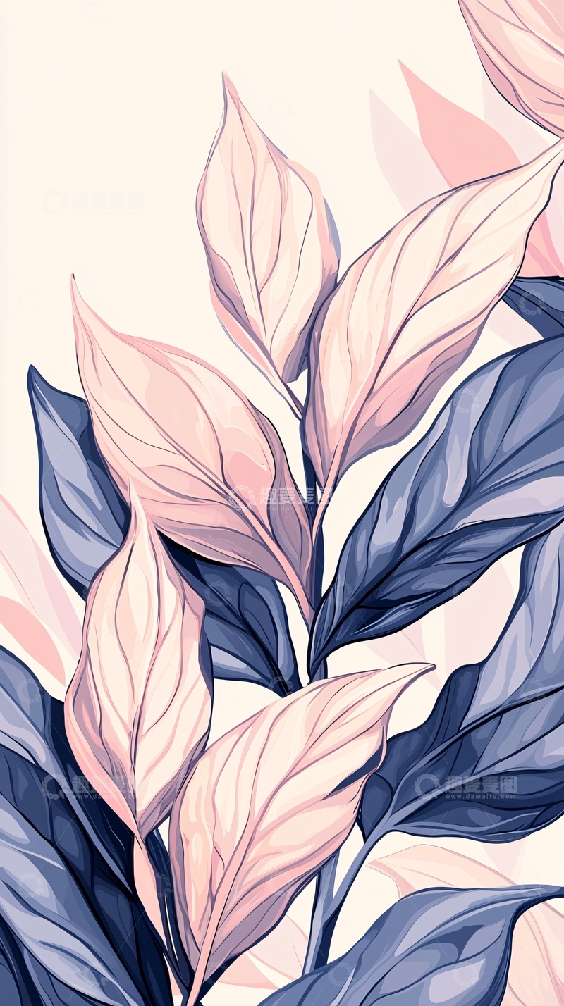 高清大图下载【趣麦麦图】粉色蓝色叶子植物插画背景
