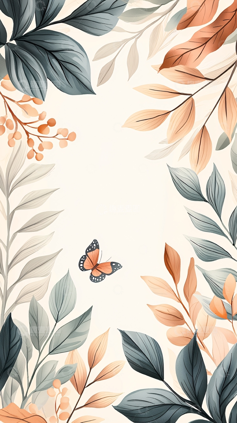 高清大图下载【趣麦麦图】秋日蝴蝶与树叶背景图