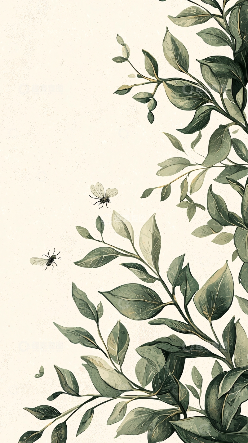 高清大图下载【趣麦麦图】绿色植物与蜜蜂插画背景
