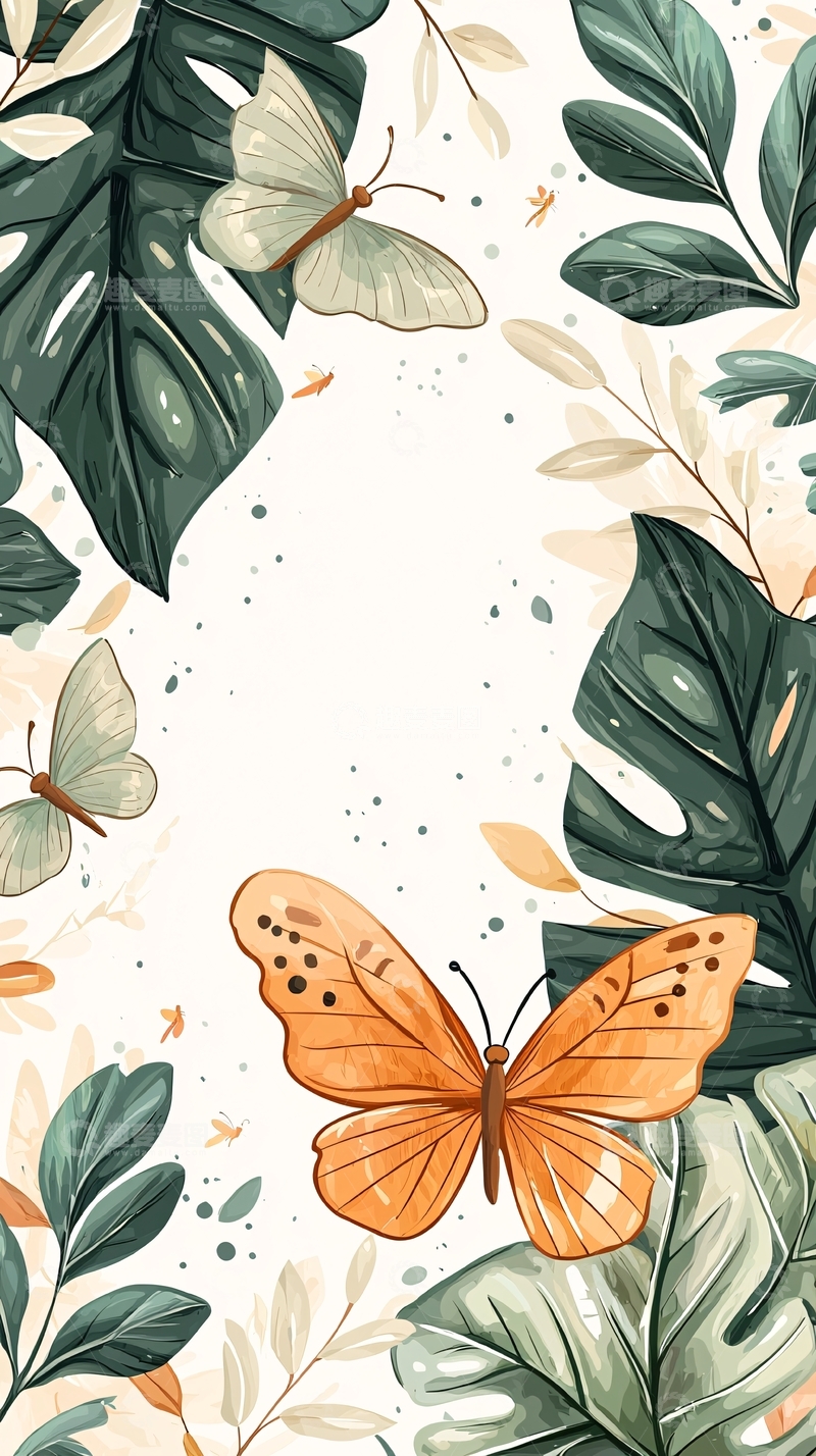 高清大图下载【趣麦麦图】热带蝴蝶与绿叶背景插画