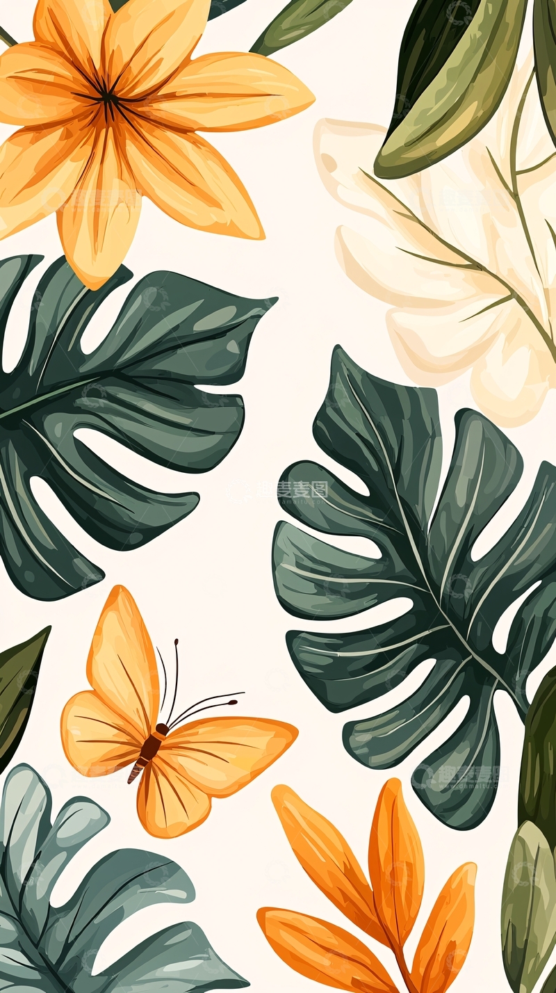 高清大图下载【趣麦麦图】热带植物与蝴蝶插画背景