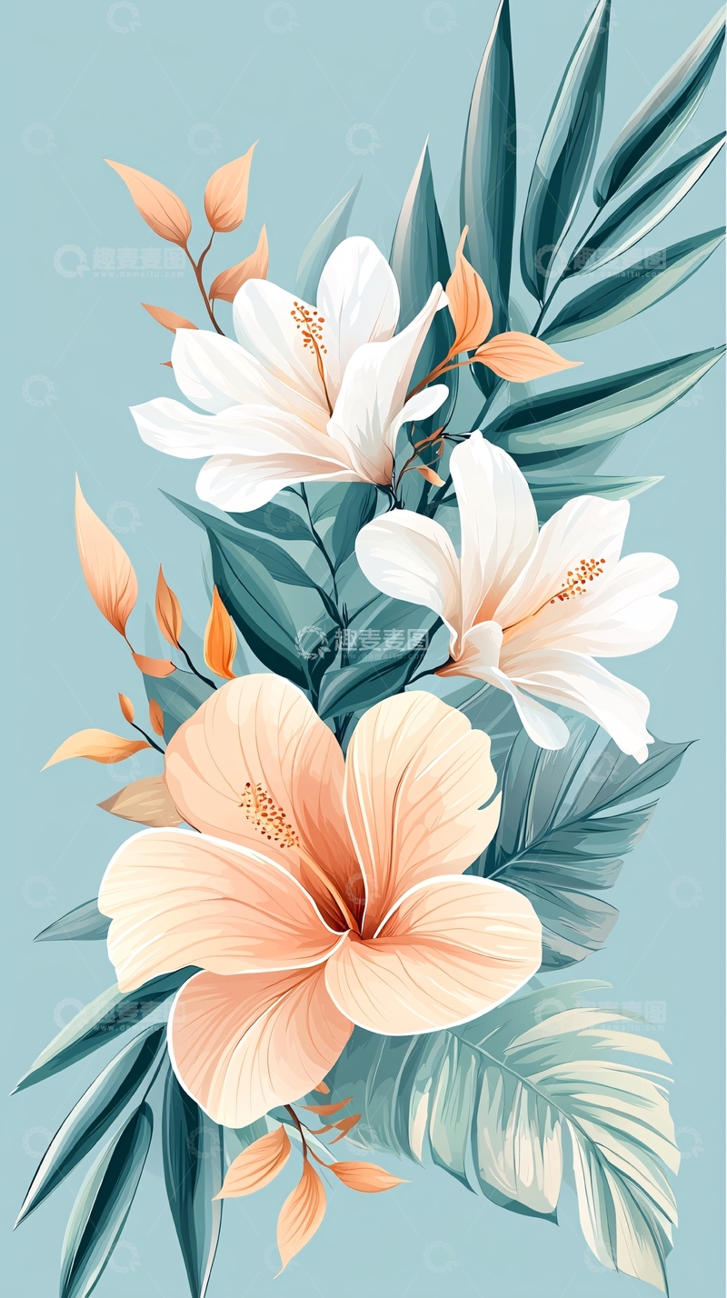 高清大图下载【趣麦麦图】热带花卉插画背景图