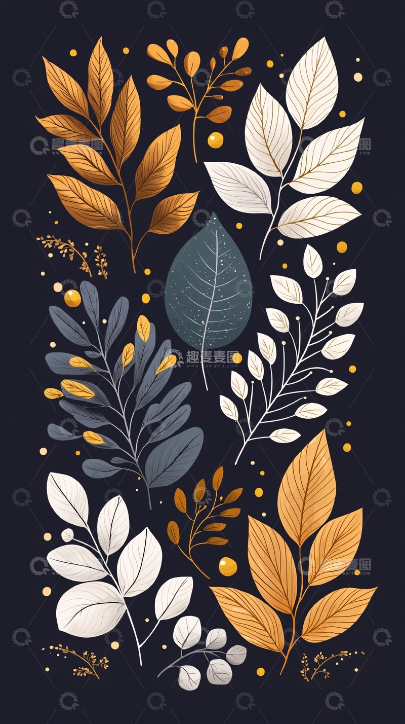 高清大图下载【趣麦麦图】秋日树叶插画素材