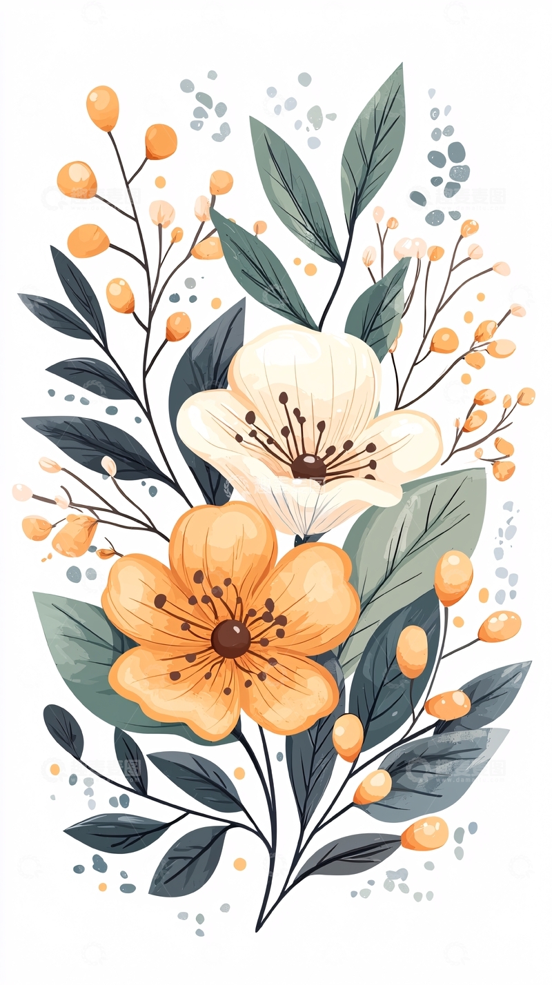 高清大图下载【趣麦麦图】橙色花朵与绿叶插画素材
