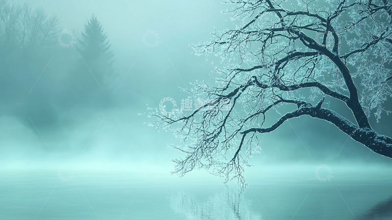 高清大图下载【趣麦麦图】冬日湖畔雾中树影
