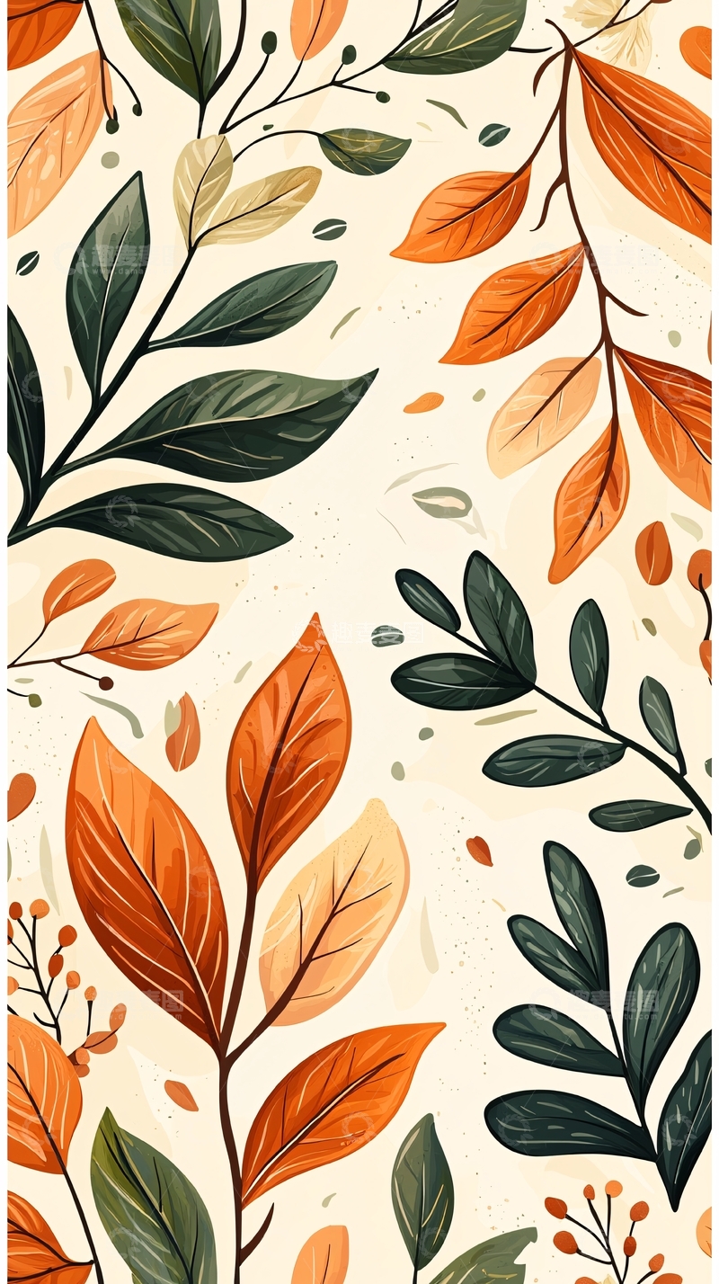 高清大图下载【趣麦麦图】秋叶植物插画背景素材