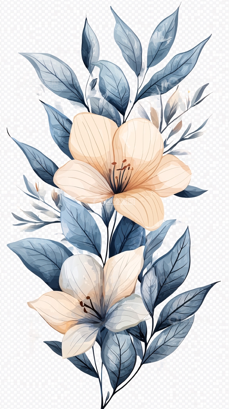 高清大图下载【趣麦麦图】蓝色花卉手绘插画素材