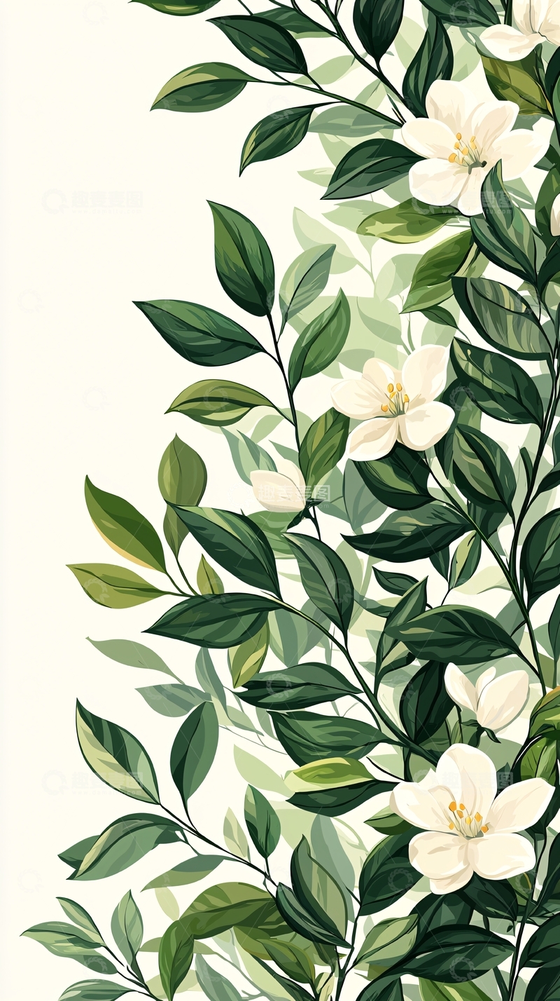 高清大图下载【趣麦麦图】茉莉花与绿叶背景插画