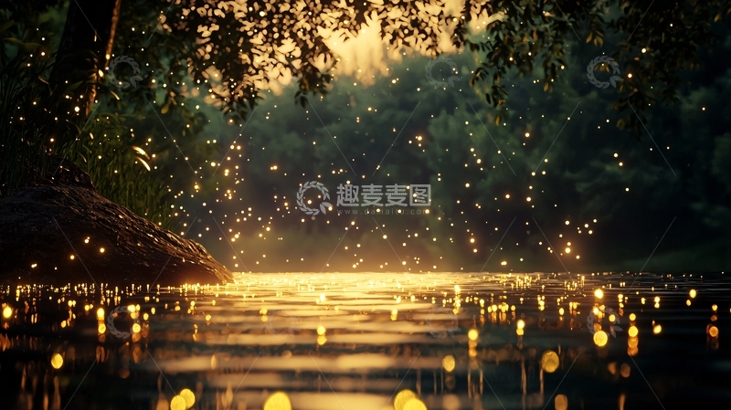 高清大图下载【趣麦麦图】夜晚森林中的萤火虫