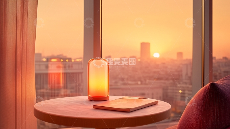 高清大图下载【趣麦麦图】日落时分的城市景观与温馨桌灯