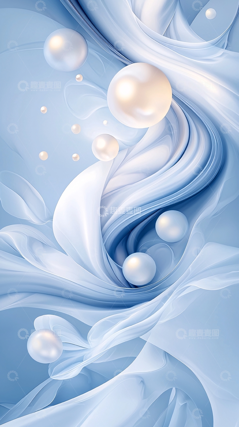 高清大图下载【趣麦麦图】蓝色丝带珍珠抽象艺术背景
