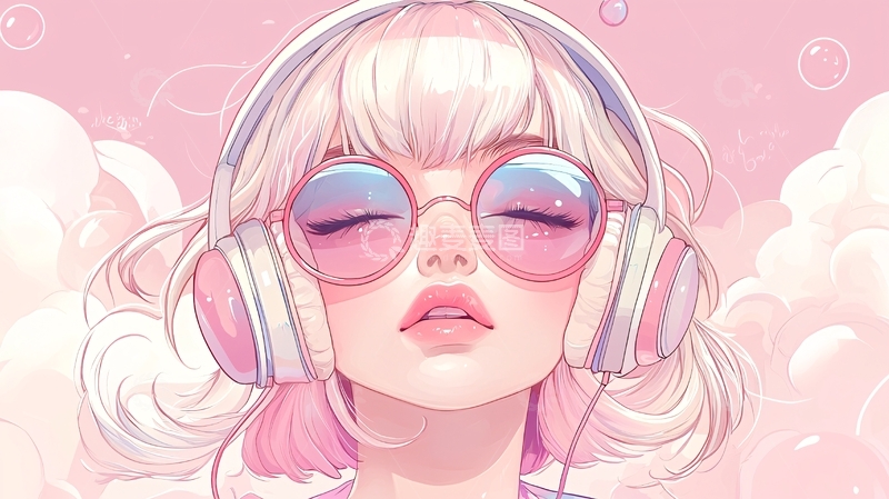高清大图下载【趣麦麦图】粉色耳机少女插画