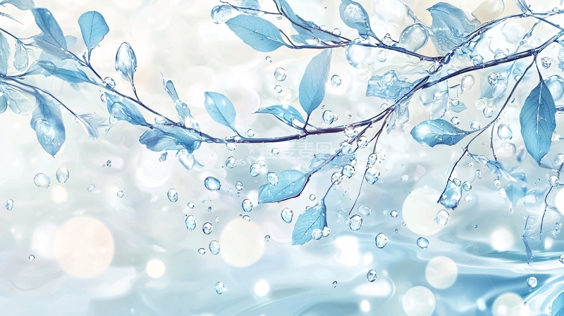高清大图下载【趣麦麦图】冰蓝色树枝水珠背景