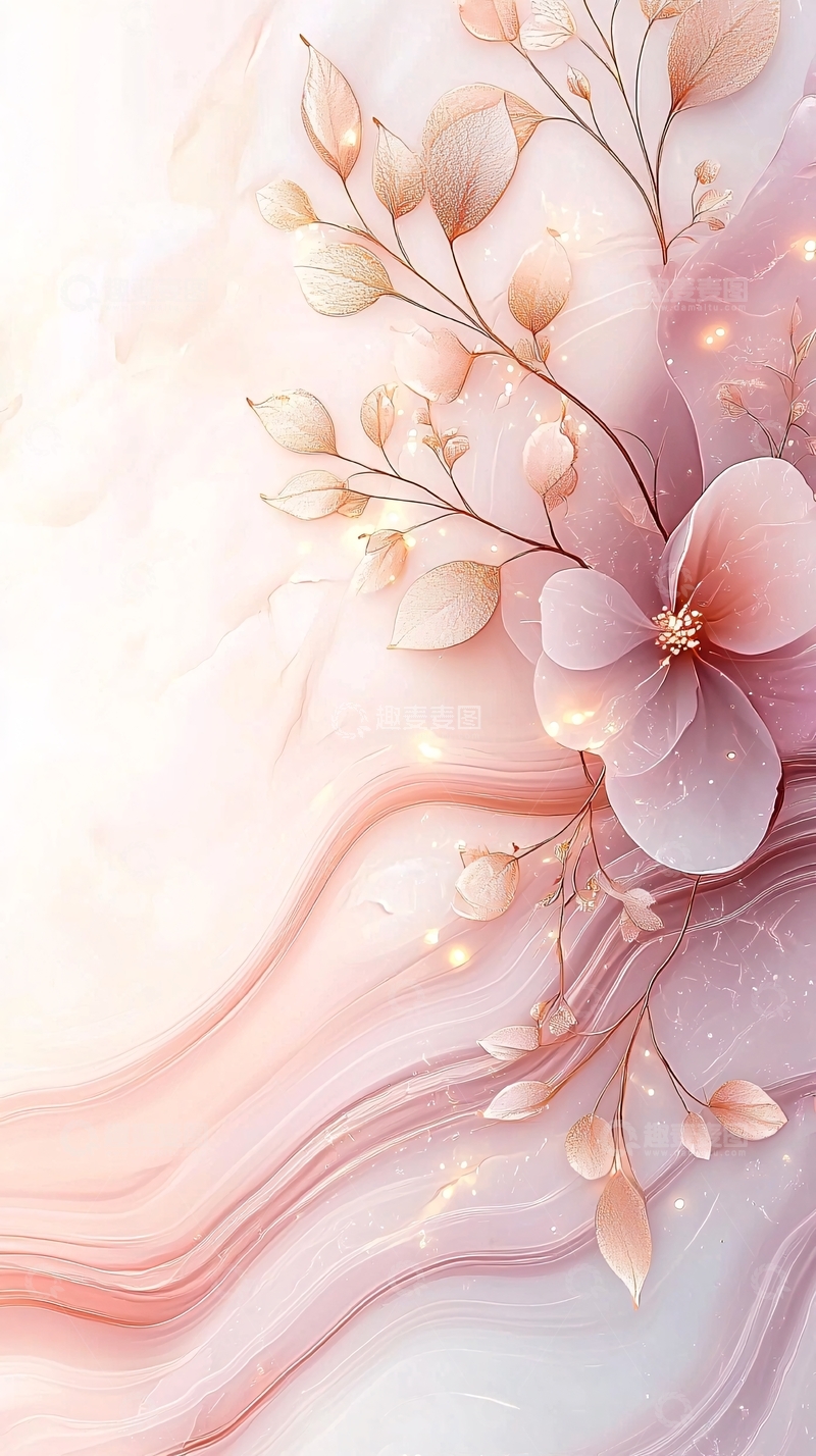高清大图下载【趣麦麦图】粉色大理石背景下的花朵插画
