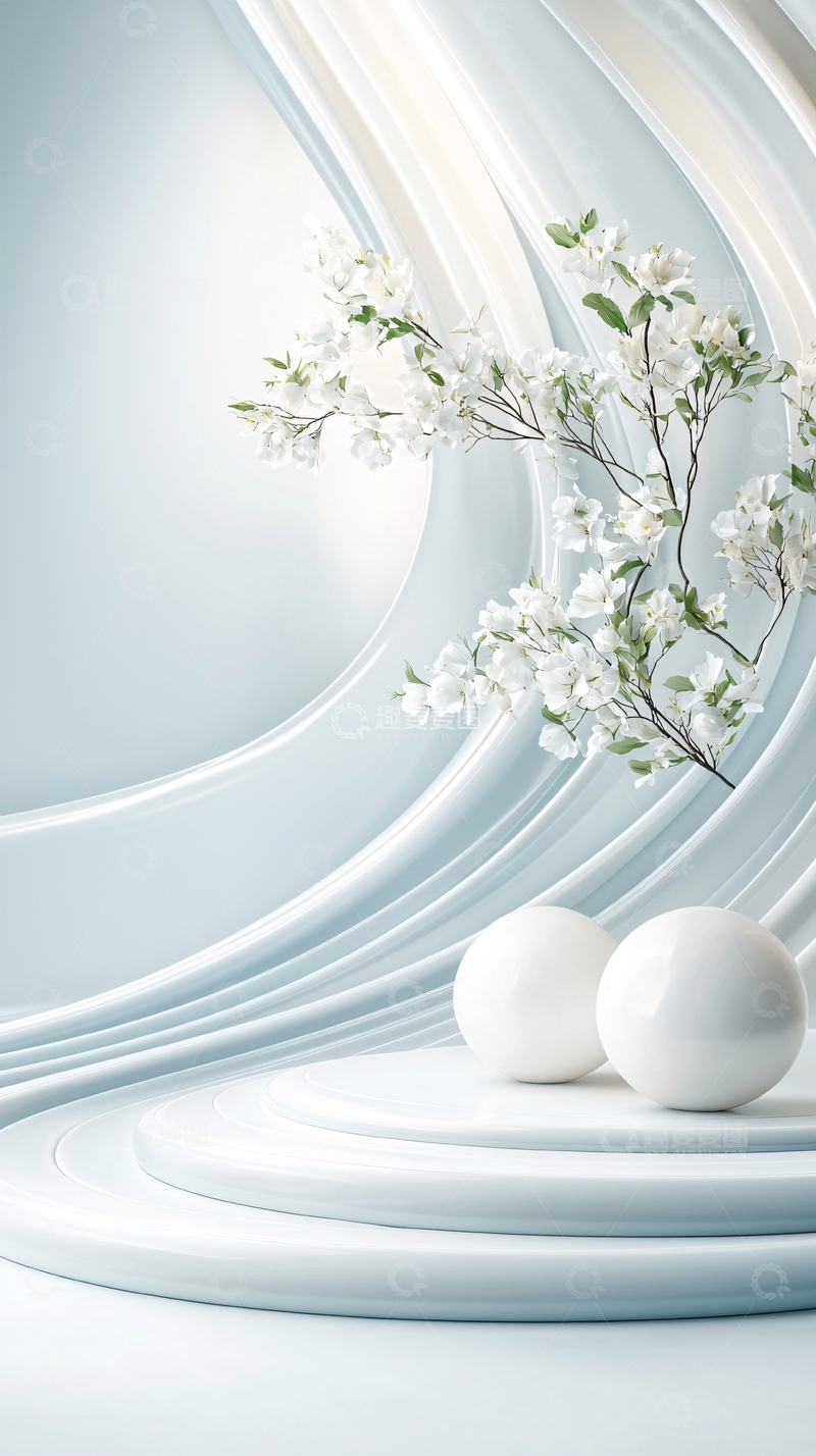 高清大图下载【趣麦麦图】白色花瓣与圆球的艺术场景