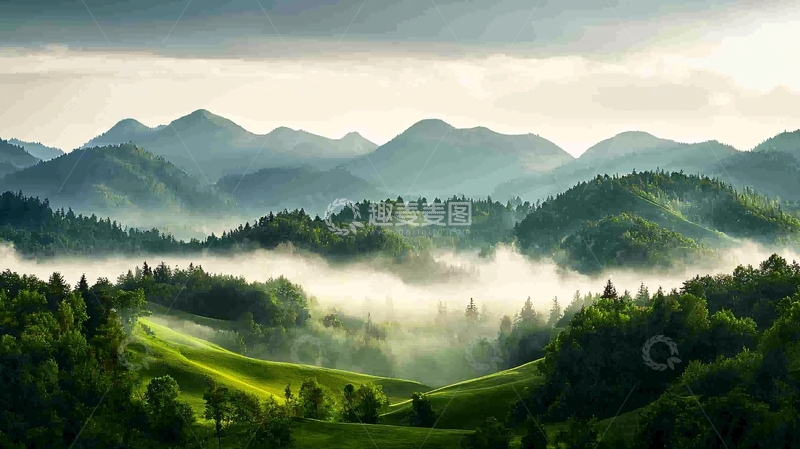 高清大图下载【趣麦麦图】晨雾中的山峦与森林