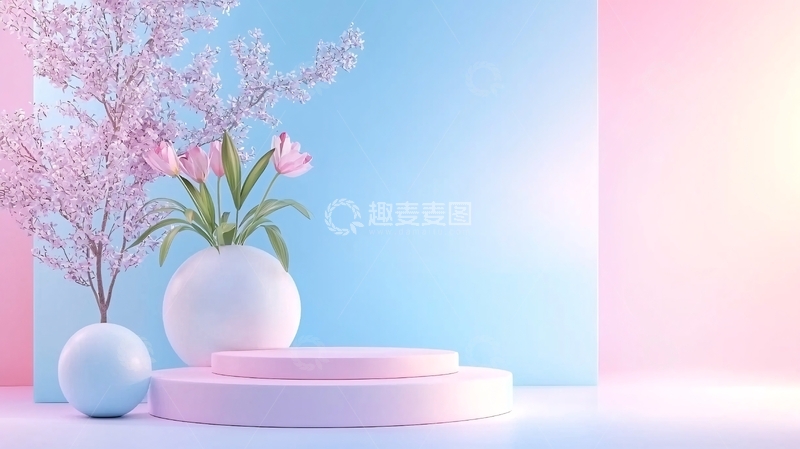 高清大图下载【趣麦麦图】粉色花朵与几何形状的梦幻场景