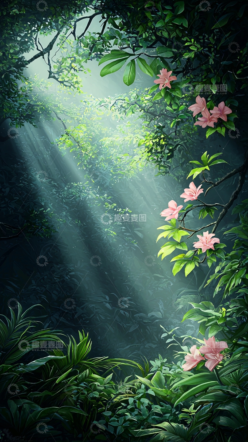 高清大图下载【趣麦麦图】阳光穿透丛林的梦幻场景