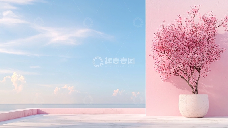 高清大图下载【趣麦麦图】粉色墙面樱花树海边风景
