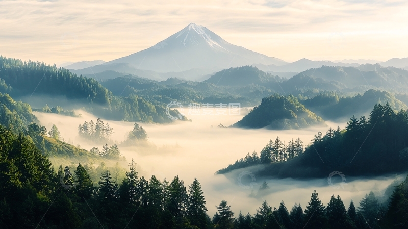 高清大图下载【趣麦麦图】雾中青山日出风景
