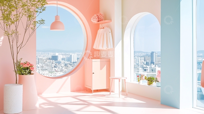 高清大图下载【趣麦麦图】粉色房间与城市景观